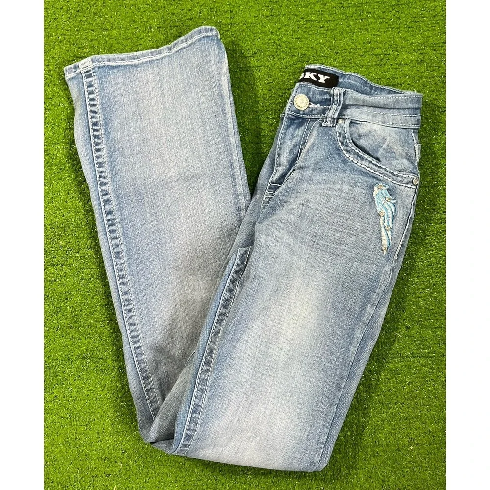 Sky Premium Collection Jeans SZ 5/6 Heart Wings Pocket Embroidered Y2K Vtg Flare - Picture 2 of 10